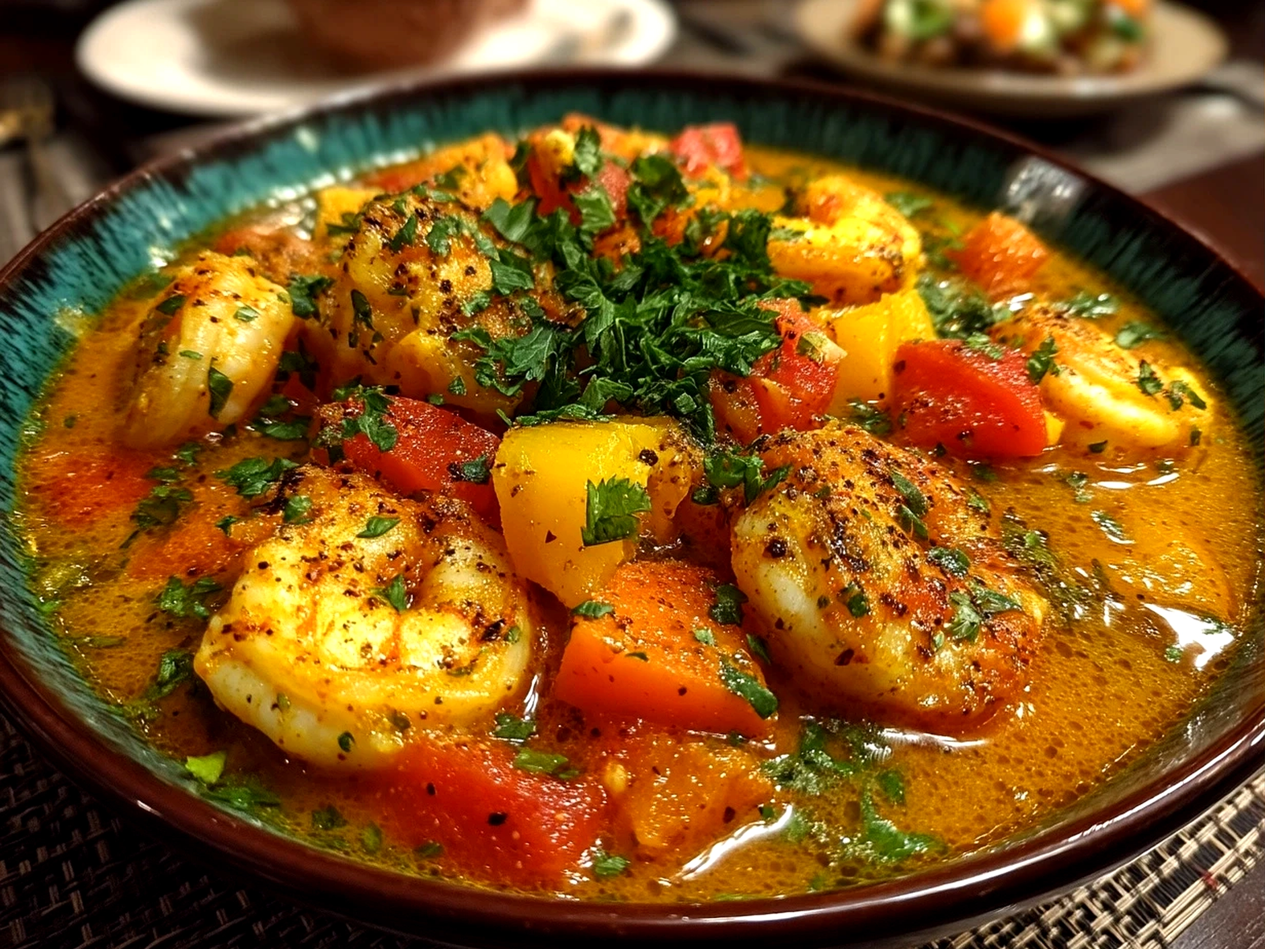 Slight angle close-up of finished vibrant Moqueca Fish Stew served in a bowl