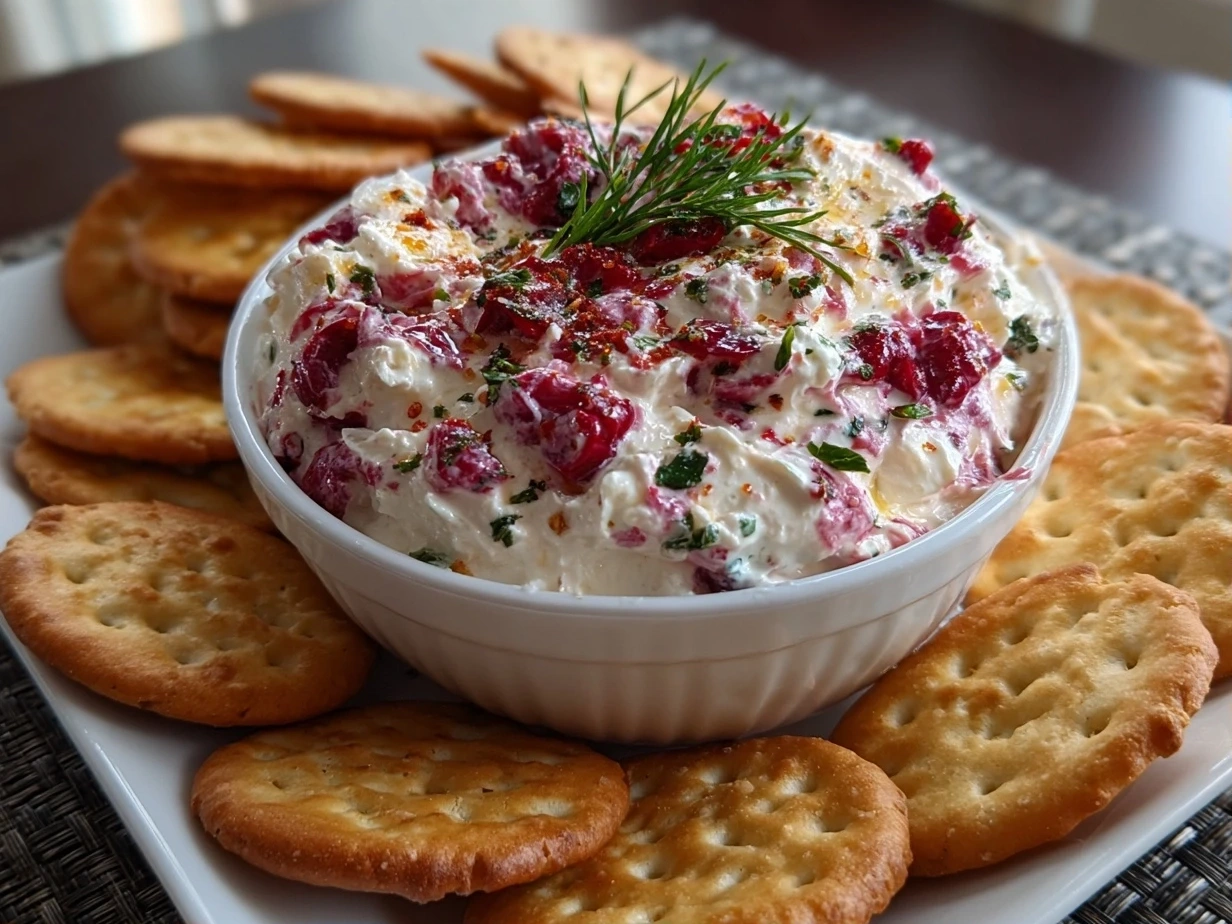Slight angle close-up of finished cranberry jalapeño dip in a bowl
