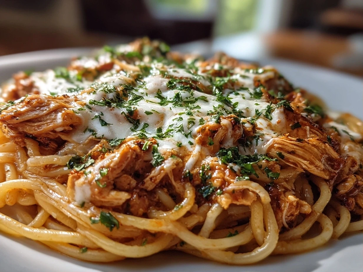 Close-up of finished creamy crockpot chicken spaghetti in a bowl