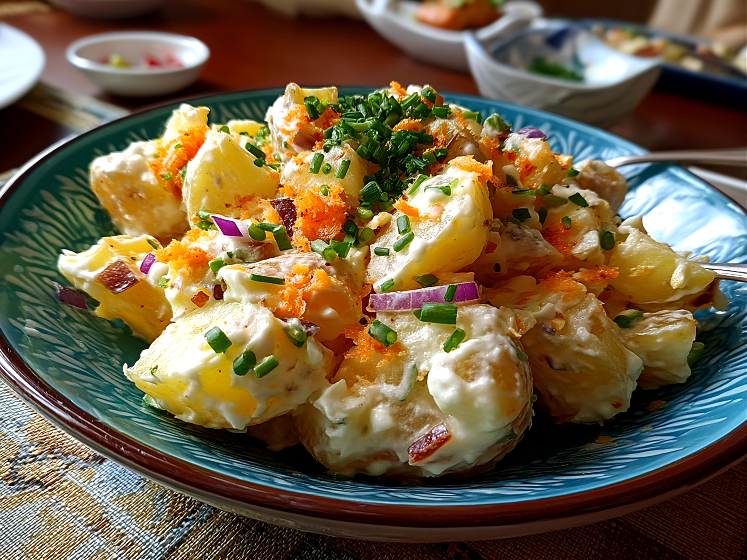 Close-up of finished Japanese Potato Salad showing creamy texture and fresh cucumber chunks