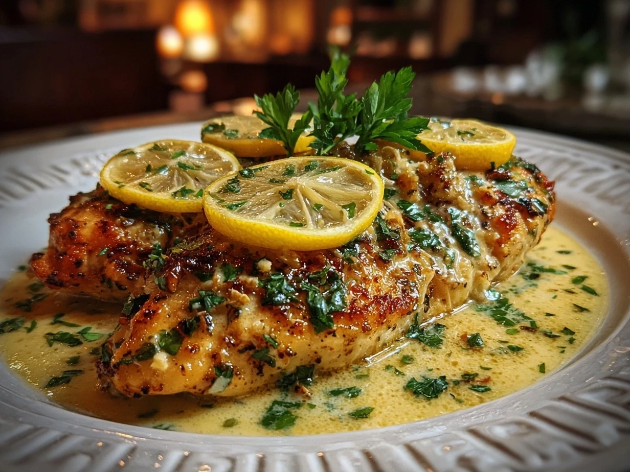 Close up of finished Lemon Chicken Romano with golden crust