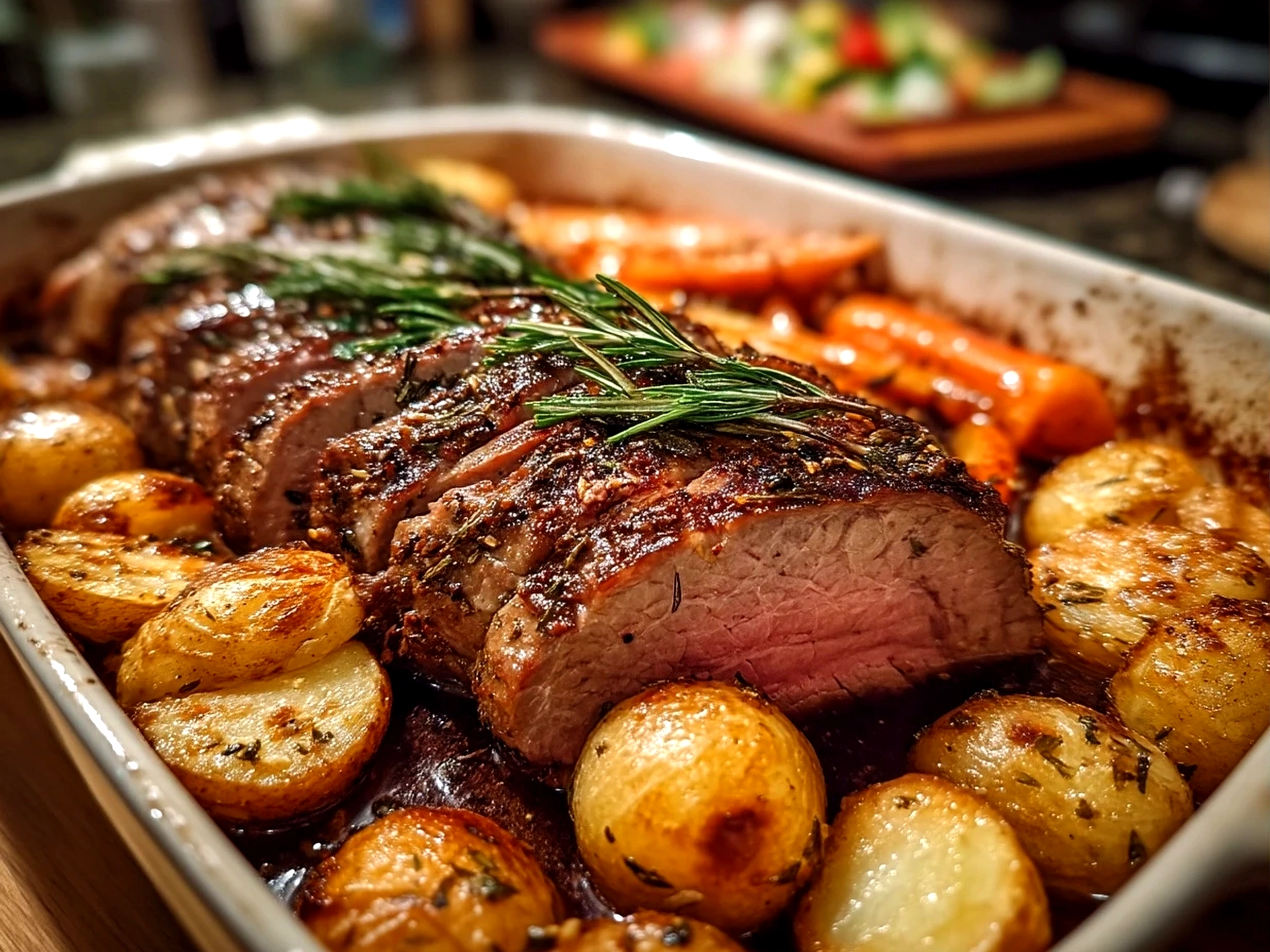 Slight angle close-up of finished oven roasted beef