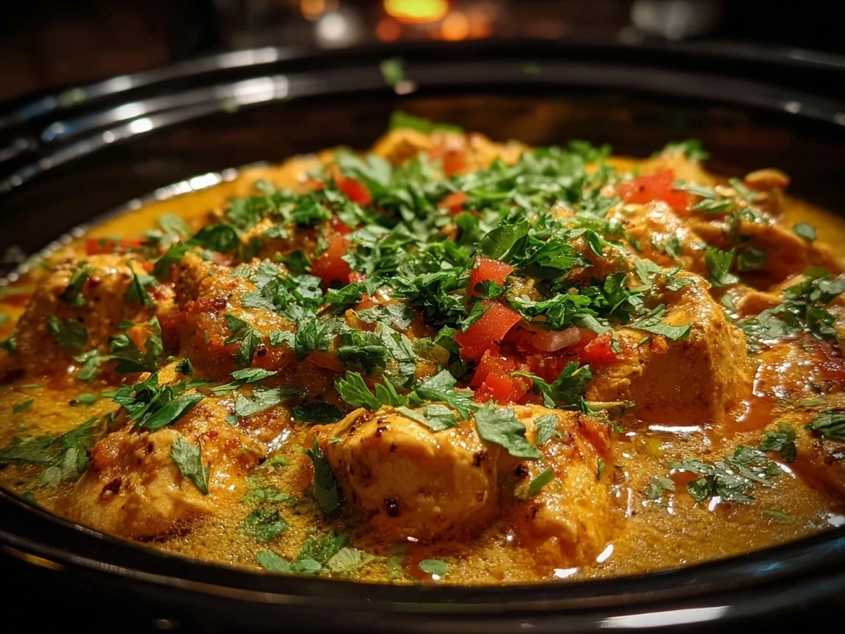 Slight angle close-up of finished Slow Cooker Chicken Korma in a bowl served with rice