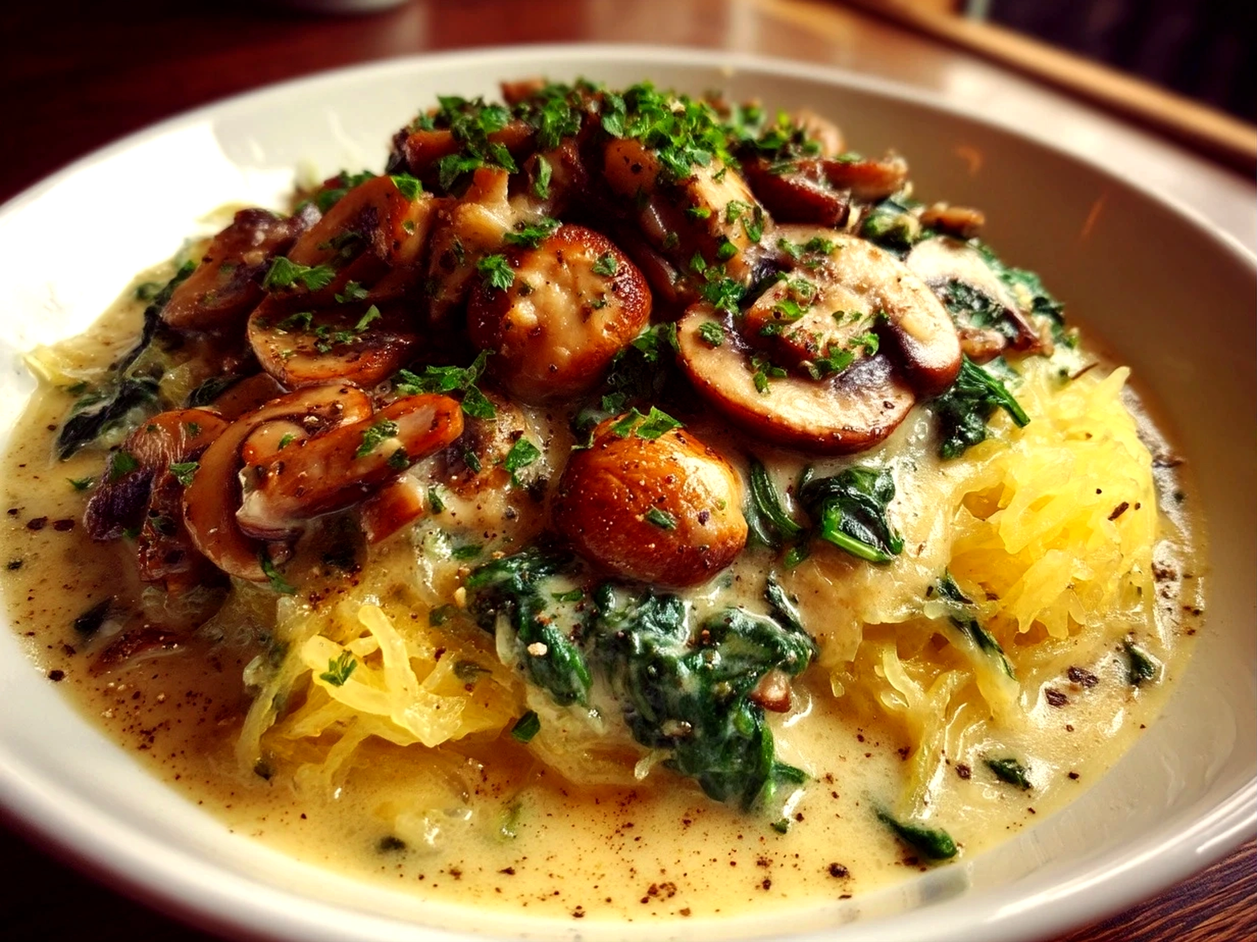 Close-up of finished Spaghetti Squash with Mushroom and Spinach Cream Sauce served in a bowl