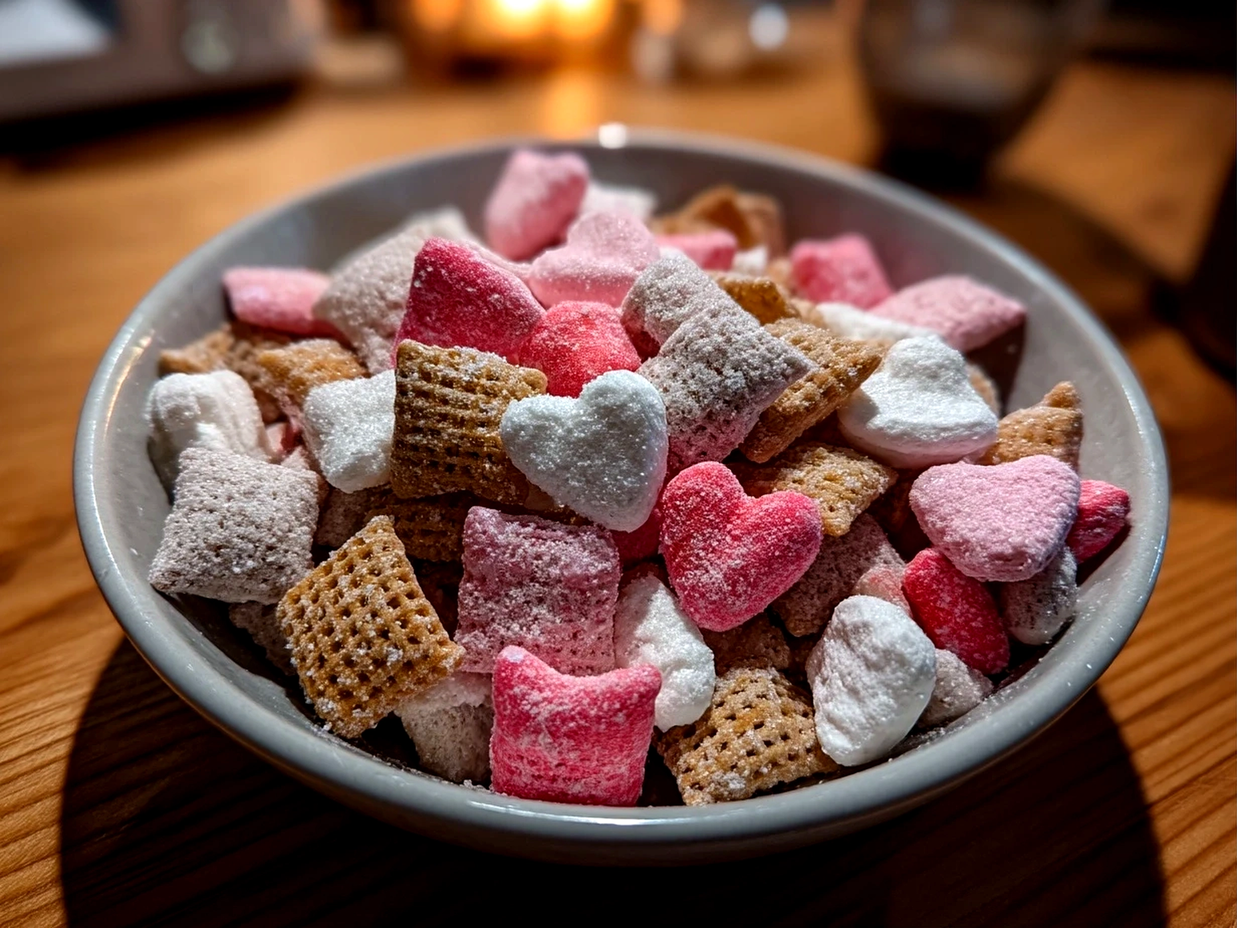 Slight angle close-up of finished Valentines Day Muddy Buddies snack mix