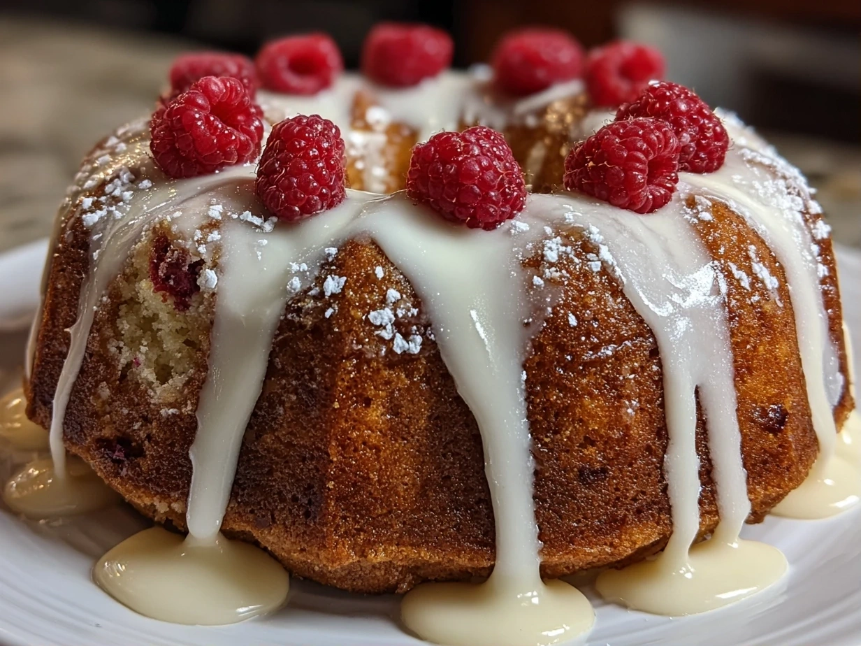 Close-up of finished White Chocolate Raspberry Bundt Cake with powdered sugar dusting