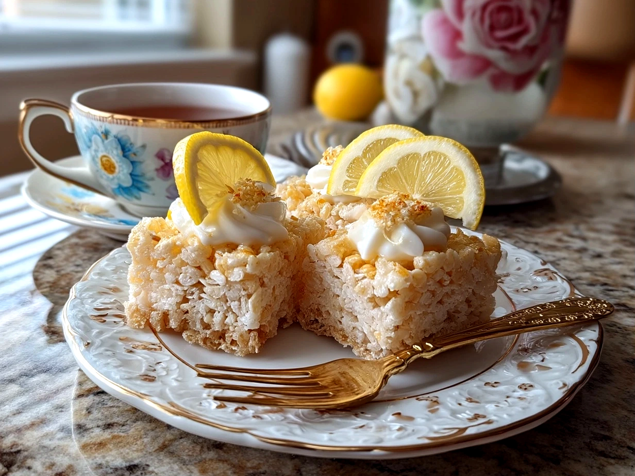 Close-up view of freshly cut Zesty Lemon Rice Krispie Treats