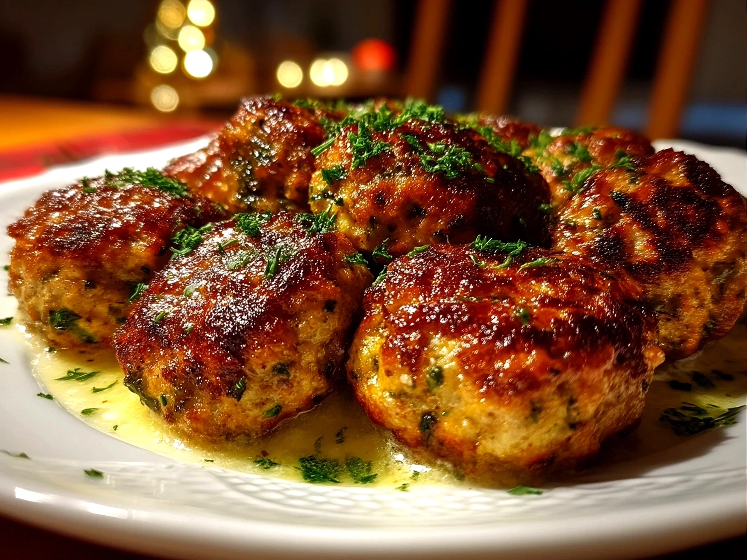 Close-up of cooked chicken kofta meatballs served on a plate ready to eat