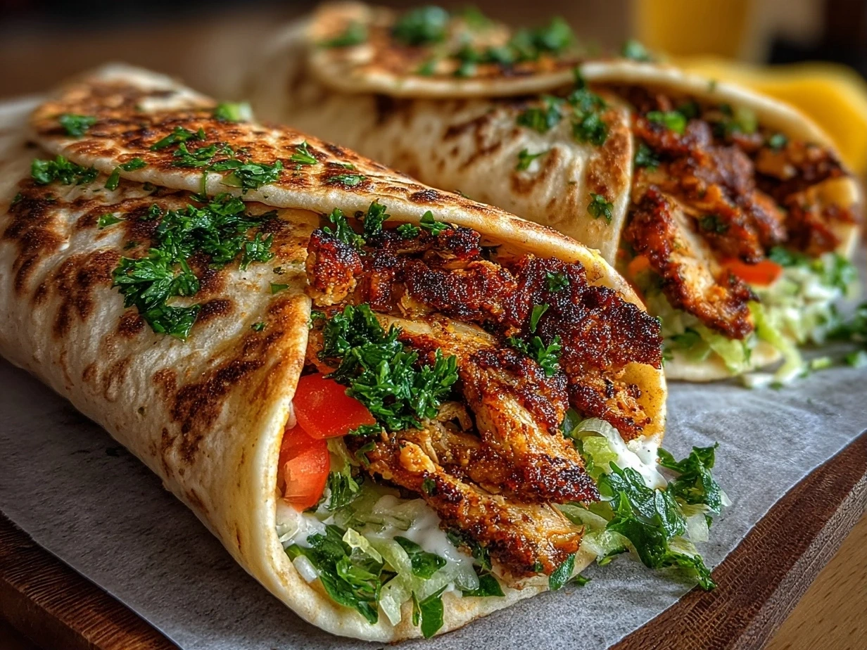 Slight angle close-up of finished chicken shawarma served