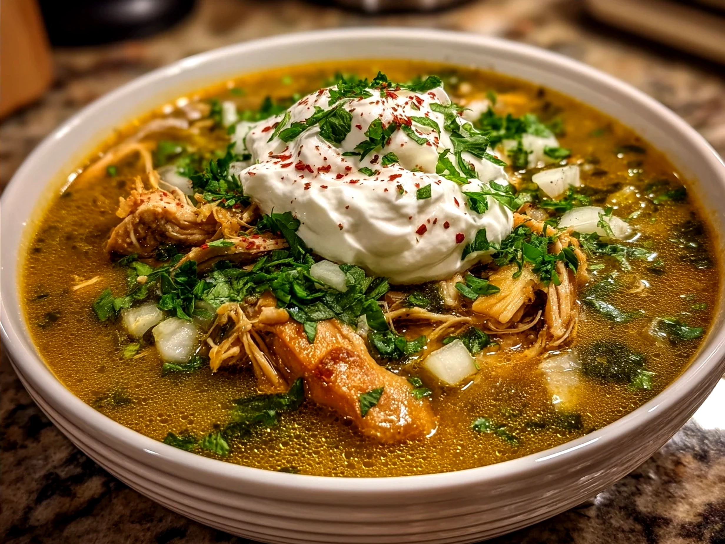 Bowl of Slow Cooker Green Enchilada Chicken Soup garnished with cilantro