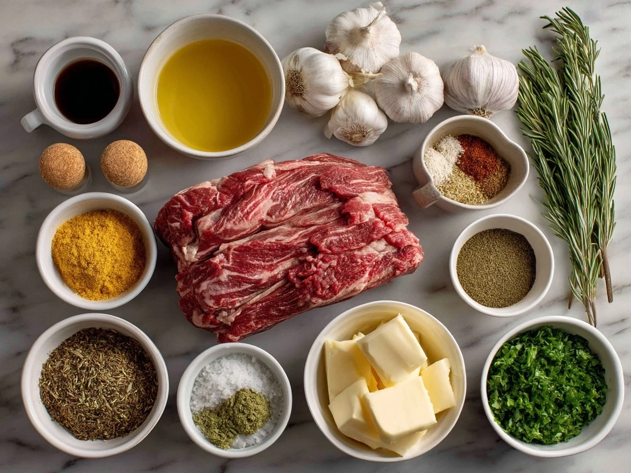 Ingredients for Slow Cooker Mexican Shredded Beef laid out on a kitchen counter