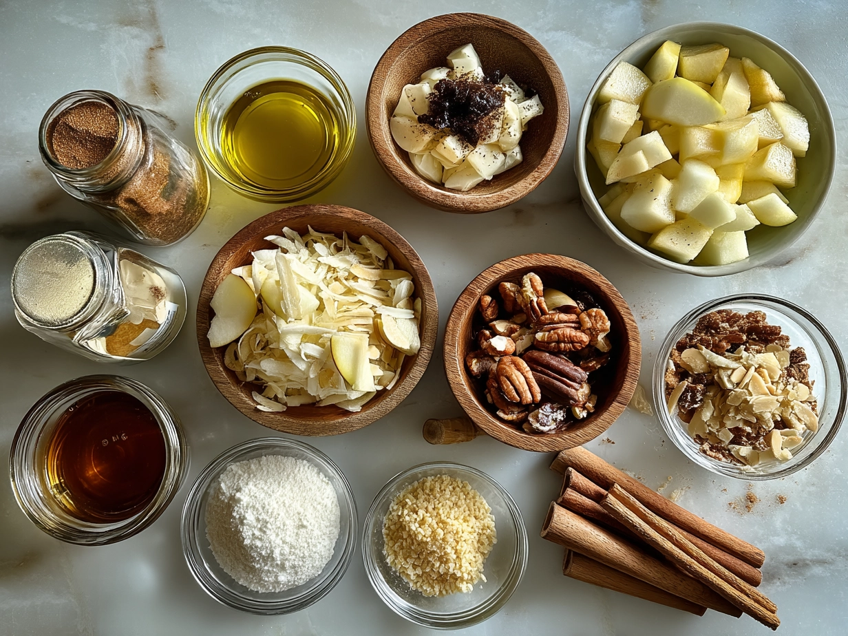 Ingredients for Snicker Apple Salad including chopped apples, Snickers bars, nuts, marshmallows, and yogurt