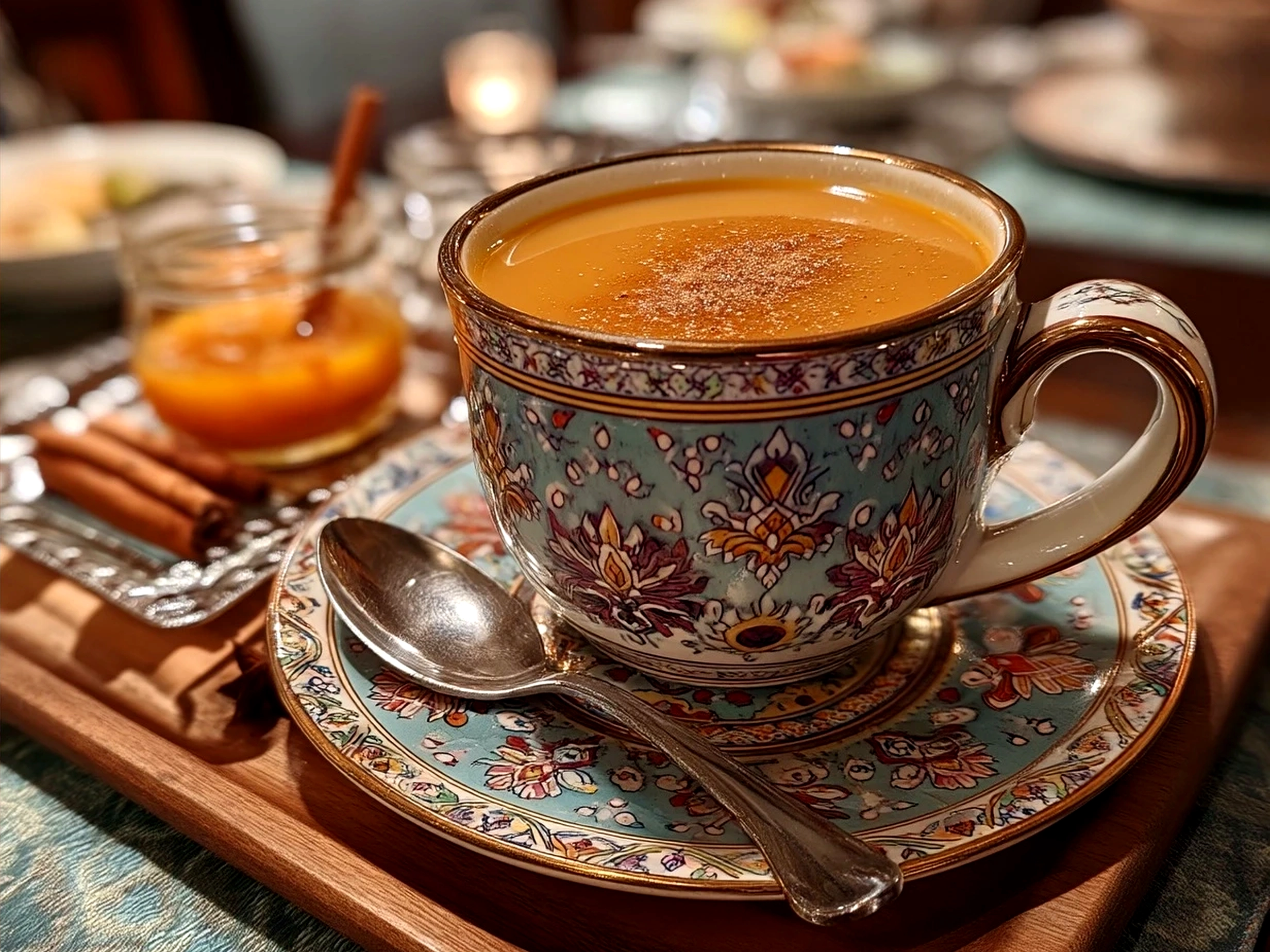 A warm mug of Spiced Hot Apple Cider garnished with an orange slice and a cinnamon stick.