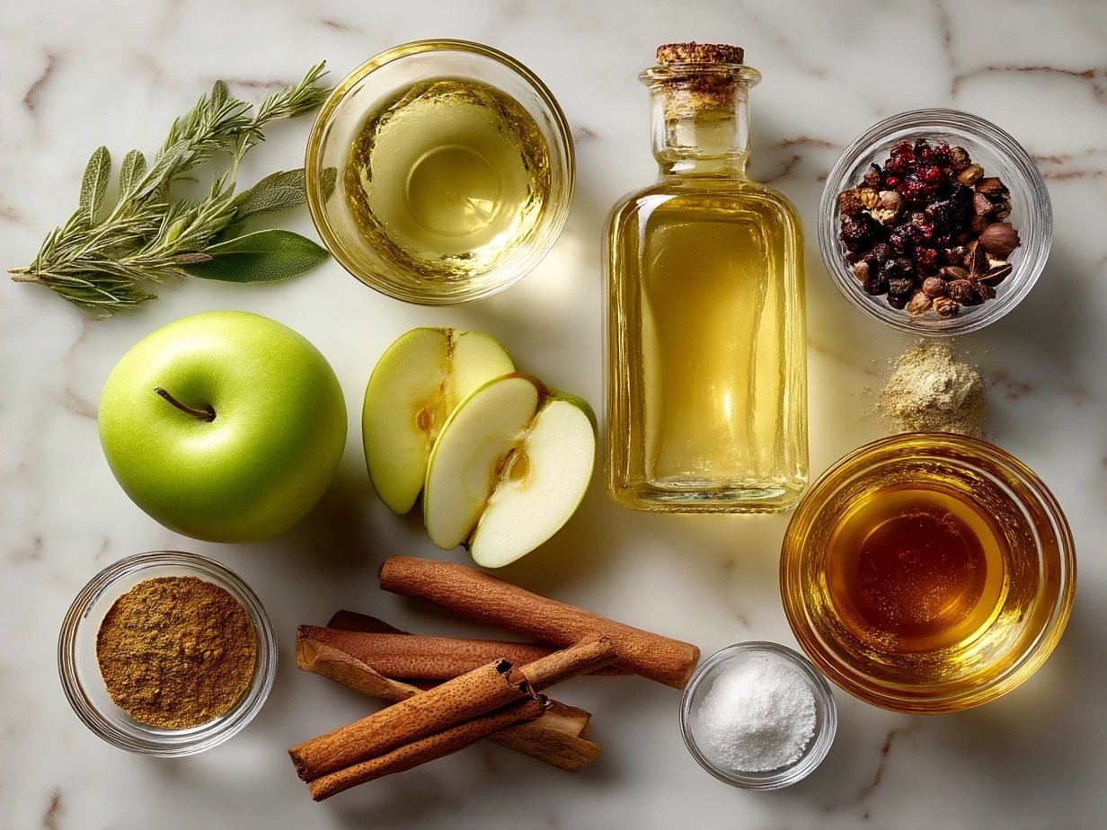 Ingredients for Spiced Hot Apple Cider laid out including cinnamon sticks, cloves, orange slices, ginger, and apple cider.