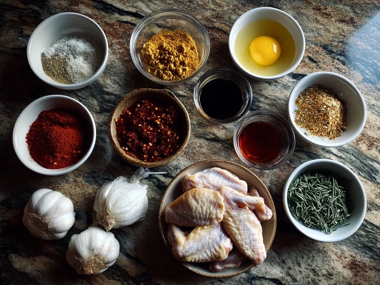 Ingredients for Spicy Dry Rub Wings including spices and chicken wings