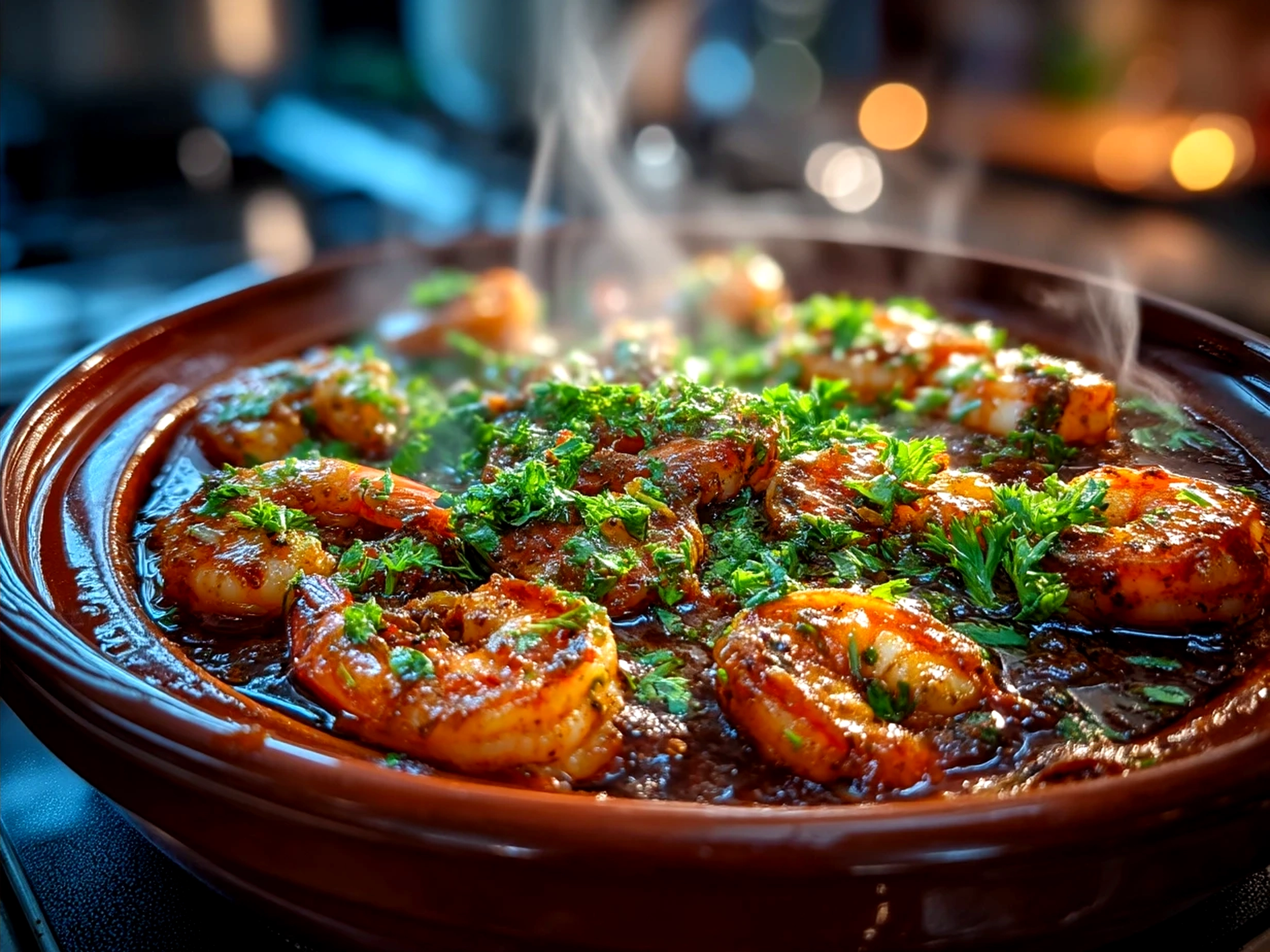 Serving of Spicy Moroccan Shrimp Tagine in a bowl garnished with fresh herbs