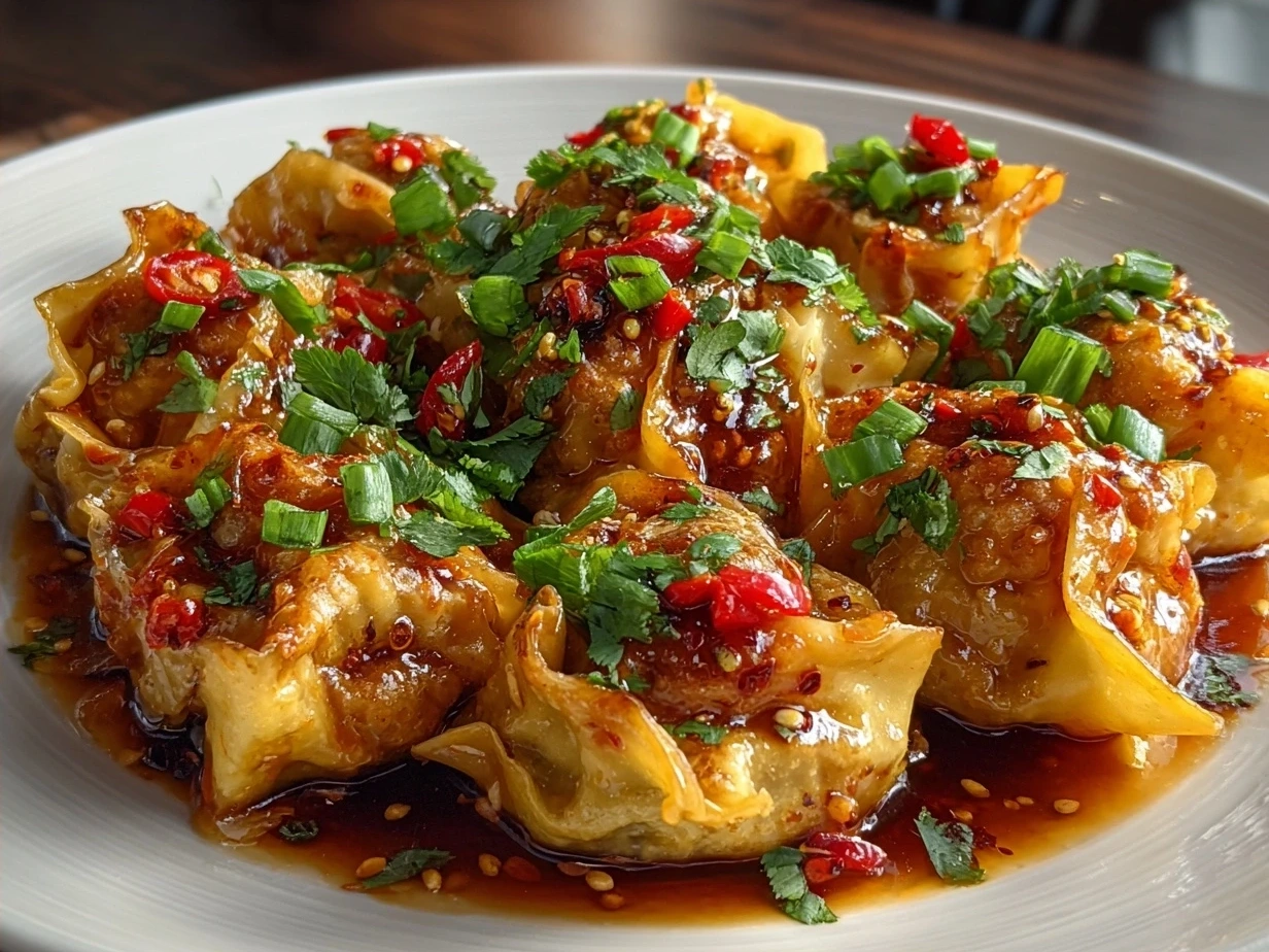 Plate of finished Spicy Wontons in Chilli Sauce with chili oil and garnishes