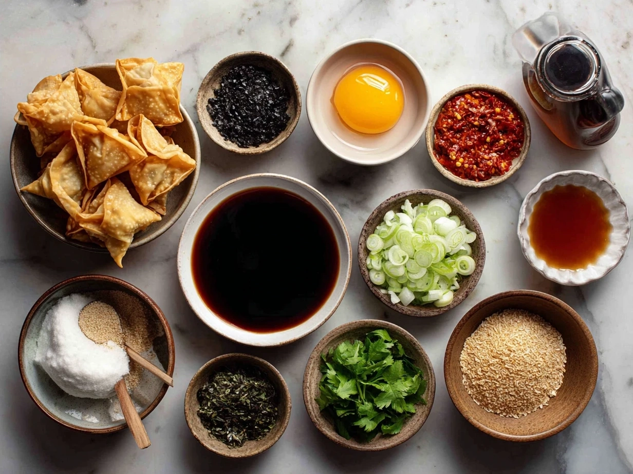 Ingredients for Spicy Wontons in Chilli Sauce laid out on a table including ground meat, wonton wrappers, and chili oil