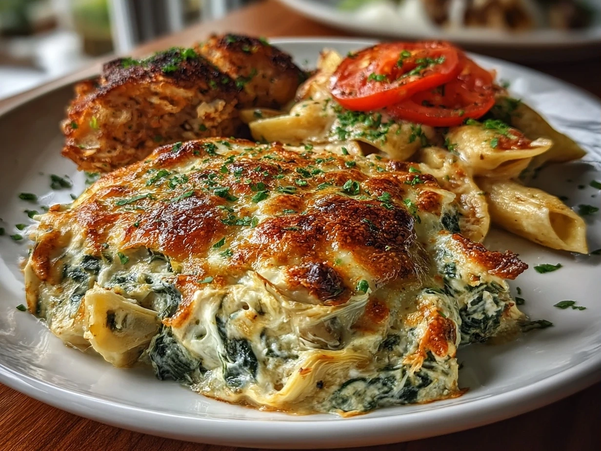 Warm, bubbly spinach artichoke dip in a baking dish, ready to be served with dippers.