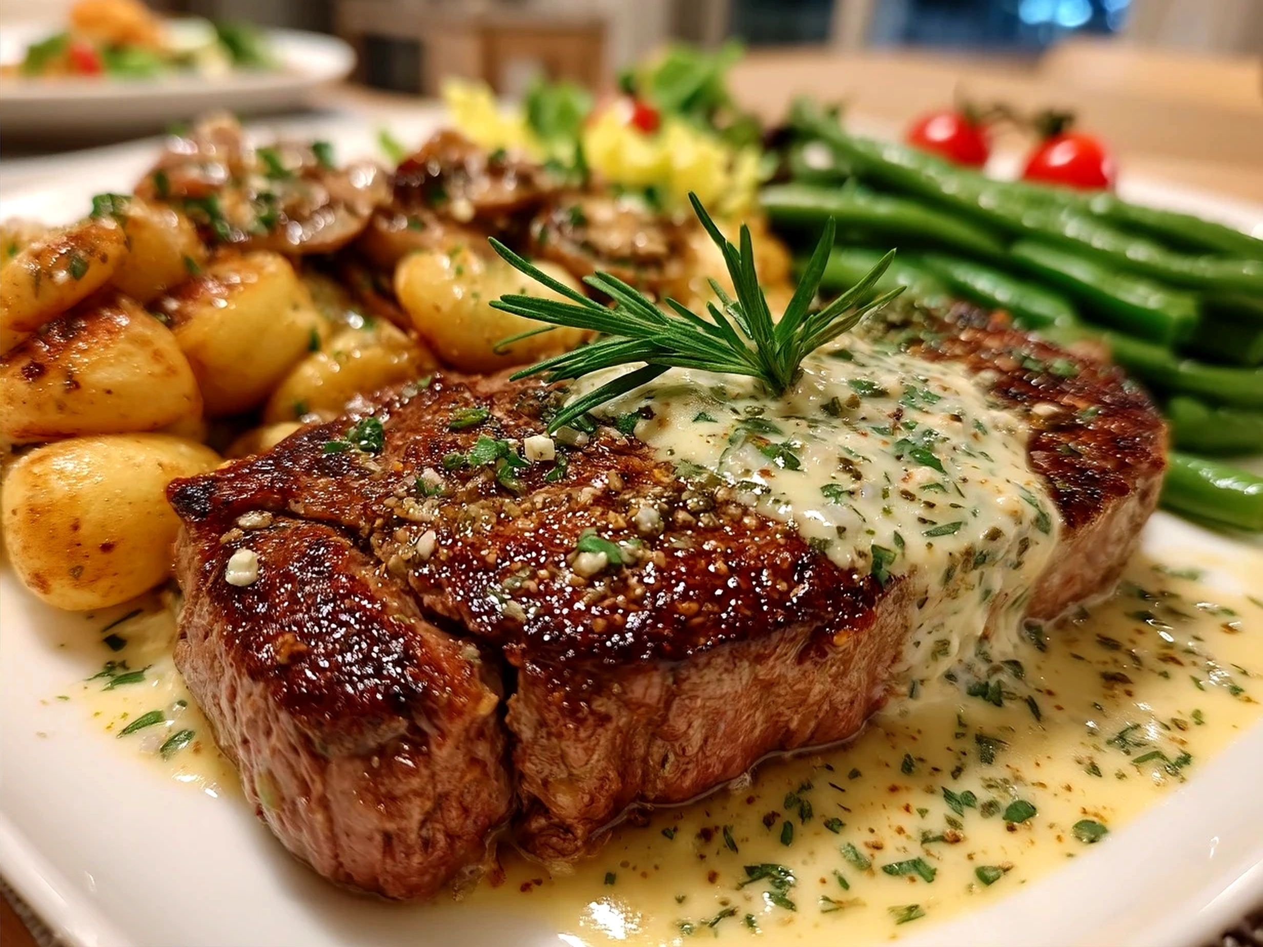 Served Steak with Garlic Cream Sauce with roasted vegetables and garnish