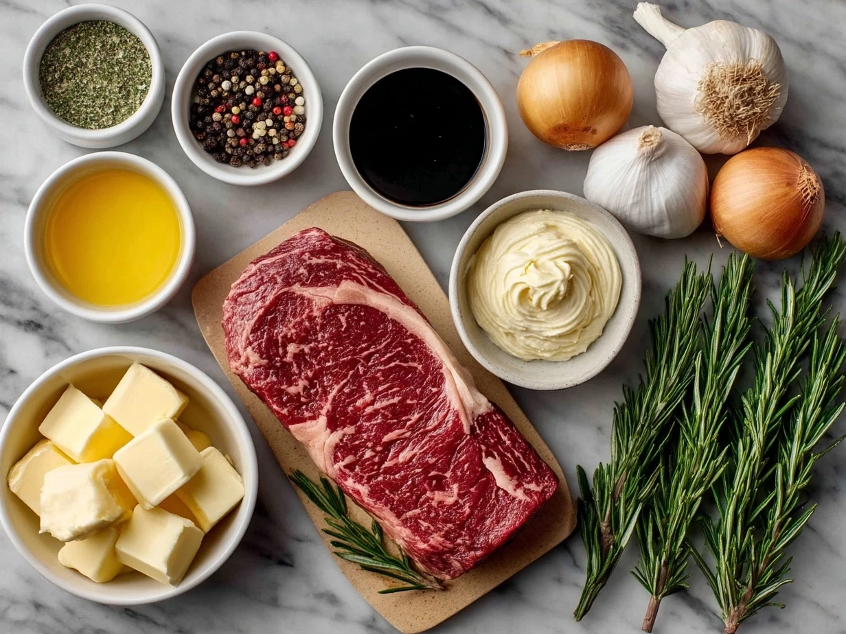 Ingredients for Steak with Garlic Cream Sauce including ribeye steaks, garlic, heavy cream, olive oil, butter, salt, pepper, and fresh herbs