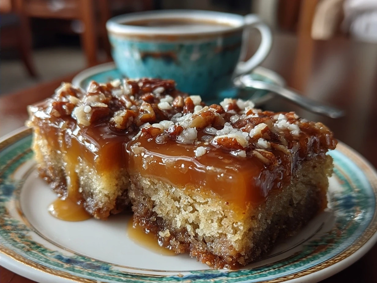 Final plated Swedish Coffee Cake Caramels square pieces on a rustic wooden board