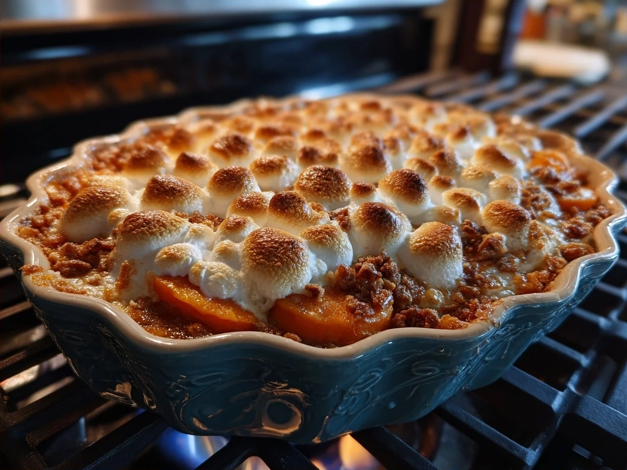 Final baked Sweet Potato Casserole with golden topping served family-style