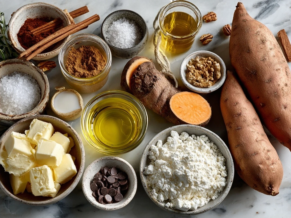 Ingredients for wholesome Sweet Potato Casserole laid out neatly