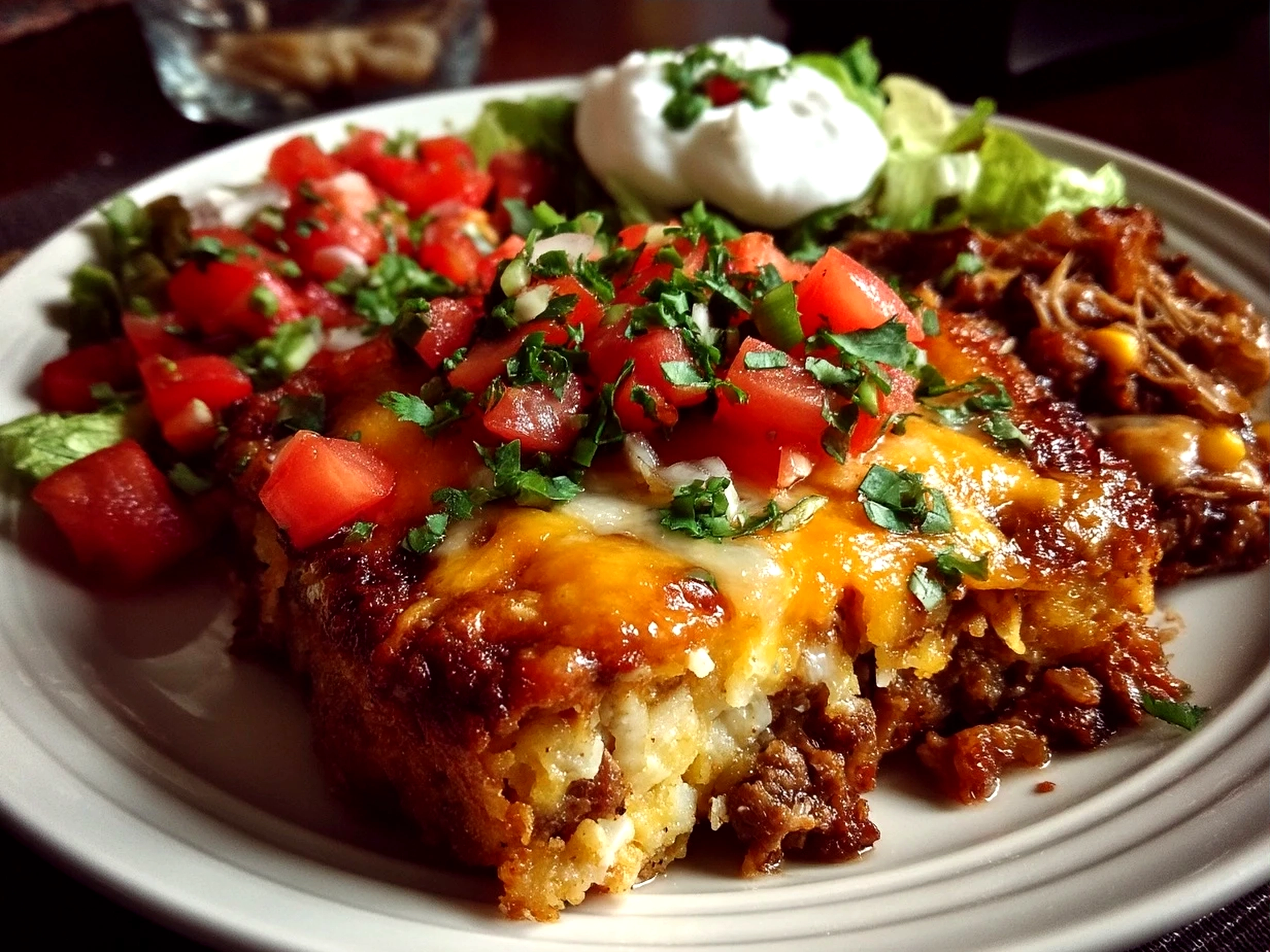 Baked Taco Casserole served in a dish with toppings