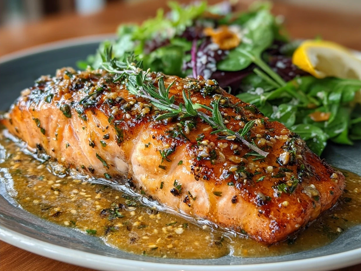 Plated Tahini Honey Poached Salmon served with colorful Mediterranean quinoa salad and fresh herbs