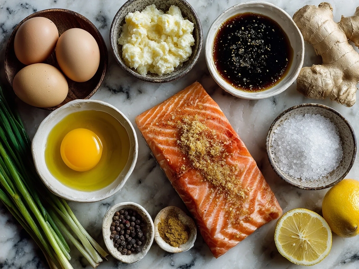 Ingredients for Tahini Honey Poached Salmon including salmon fillets, tahini, honey, lemon, garlic, cumin, olive oil, and fresh herbs