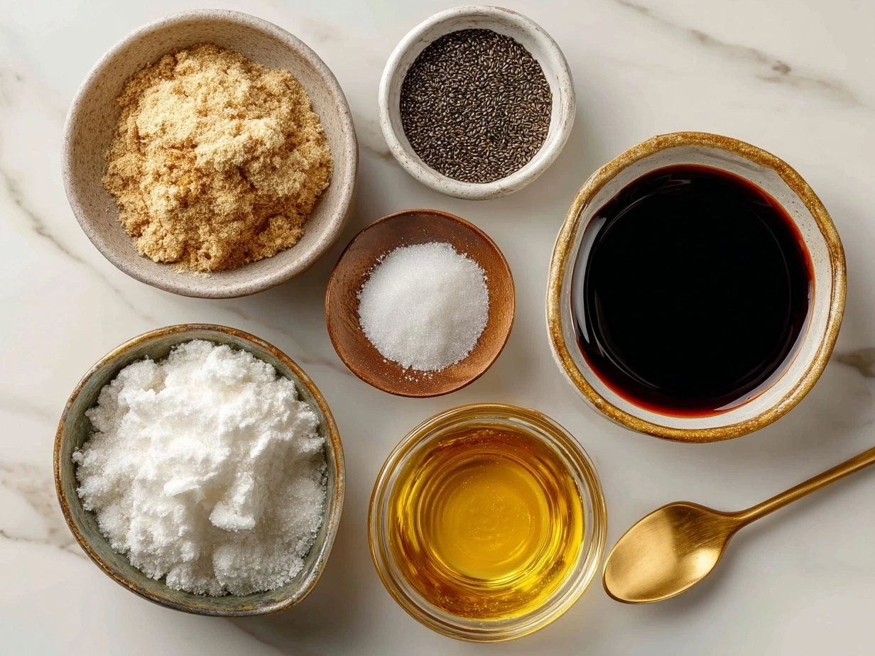 Ingredients for homemade Teriyaki Sauce neatly arranged on a wooden table