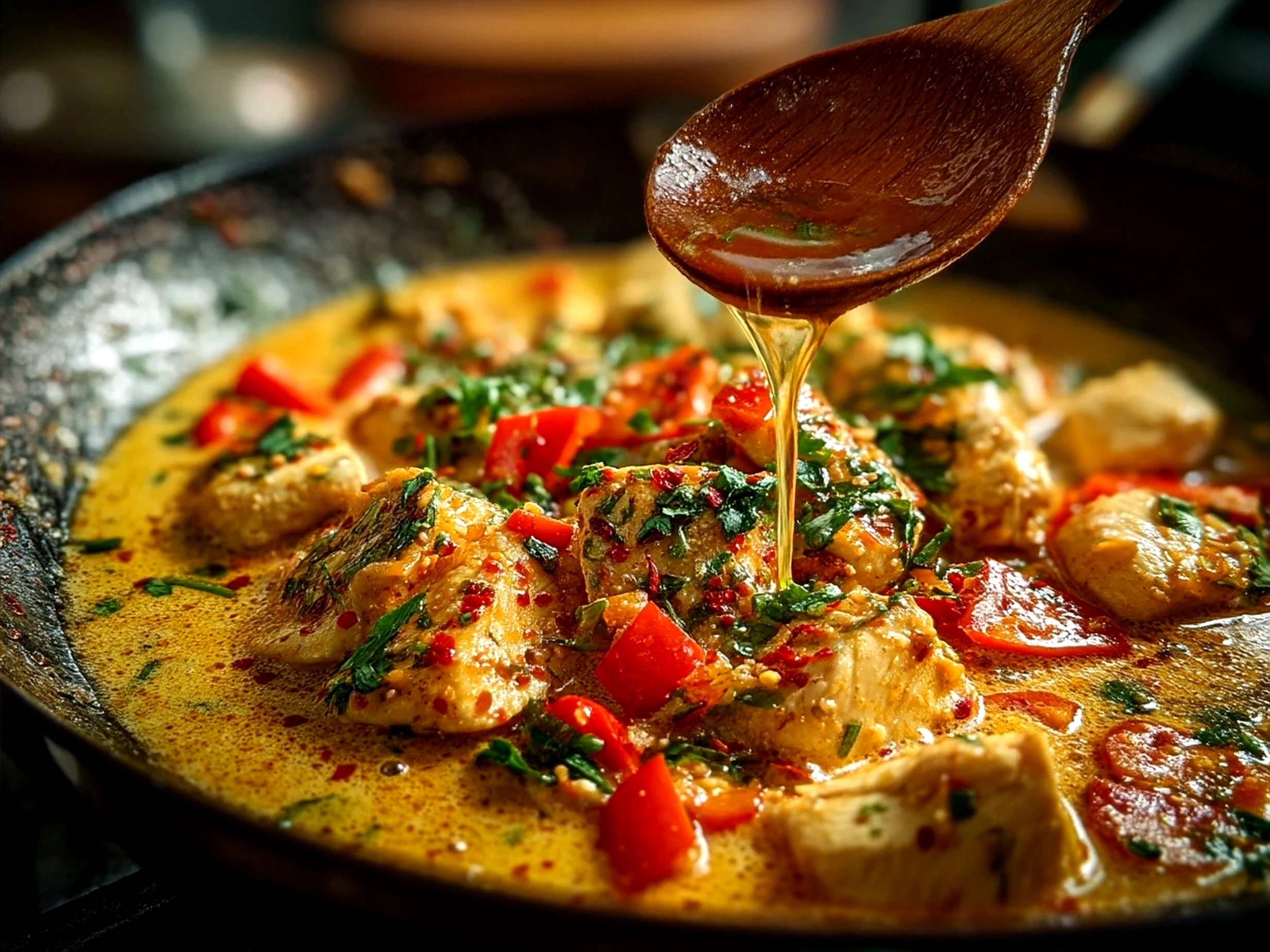 Serving of Thai Chicken Coconut Curry in a bowl garnished with fresh herbs