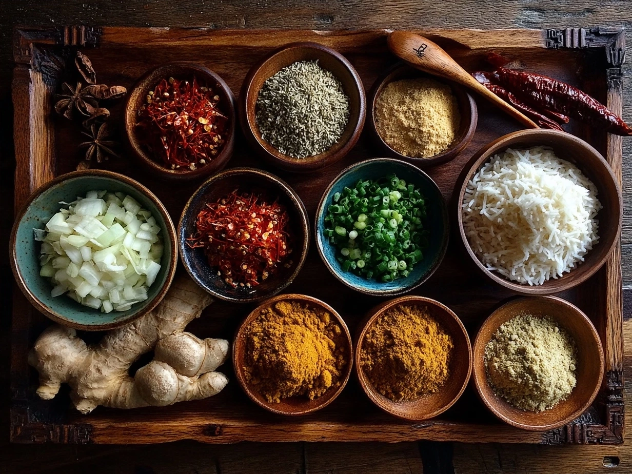 Ingredients for Thai Chicken Coconut Curry laid out, including coconut milk, red curry paste, chicken, vegetables, and spices