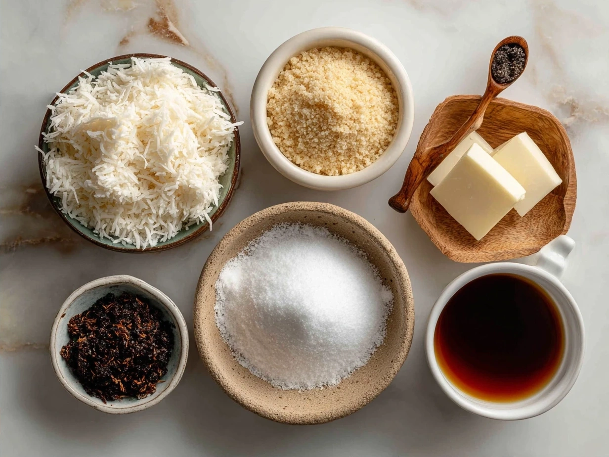 Ingredients for Toasted Coconut Shortbread Cookie laid out on a kitchen counter