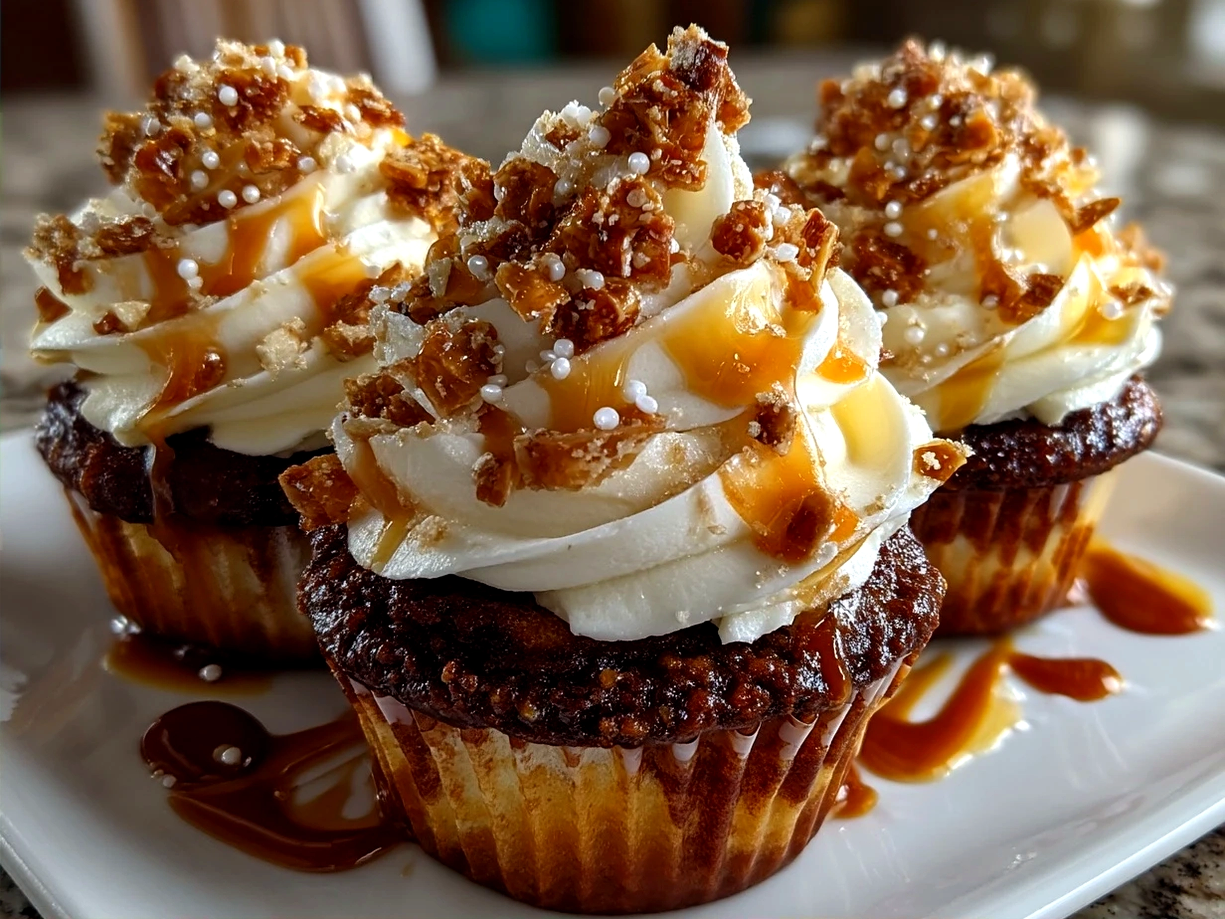 Freshly baked Toffee Crunch Cupcakes topped with buttery frosting and crunchy caramel toffee bits ready to be served