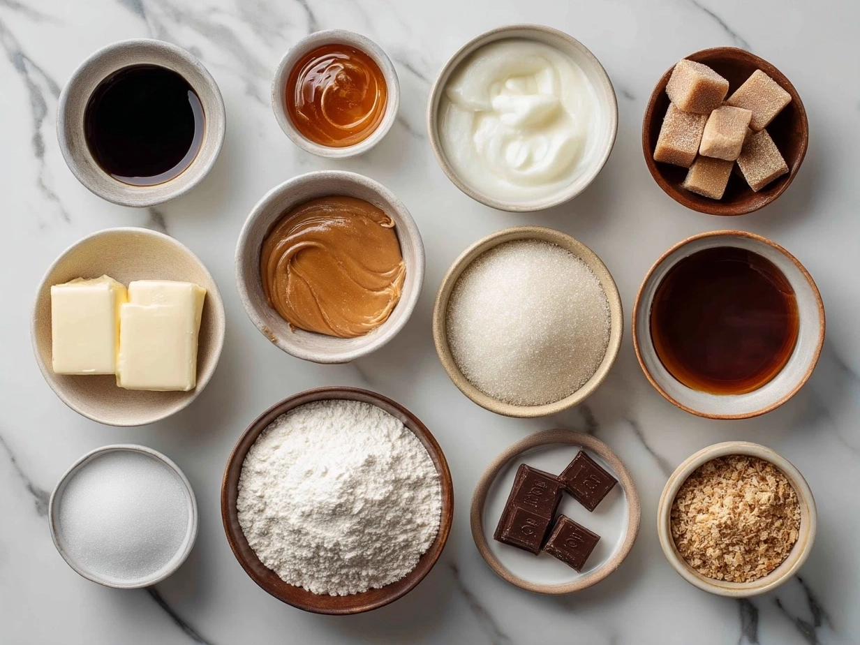 Ingredients for Toffee Crunch Cupcakes including flour, sugar, butter, eggs, milk, vanilla extract, baking powder, salt, caramel toffee bits and buttercream frosting ingredients