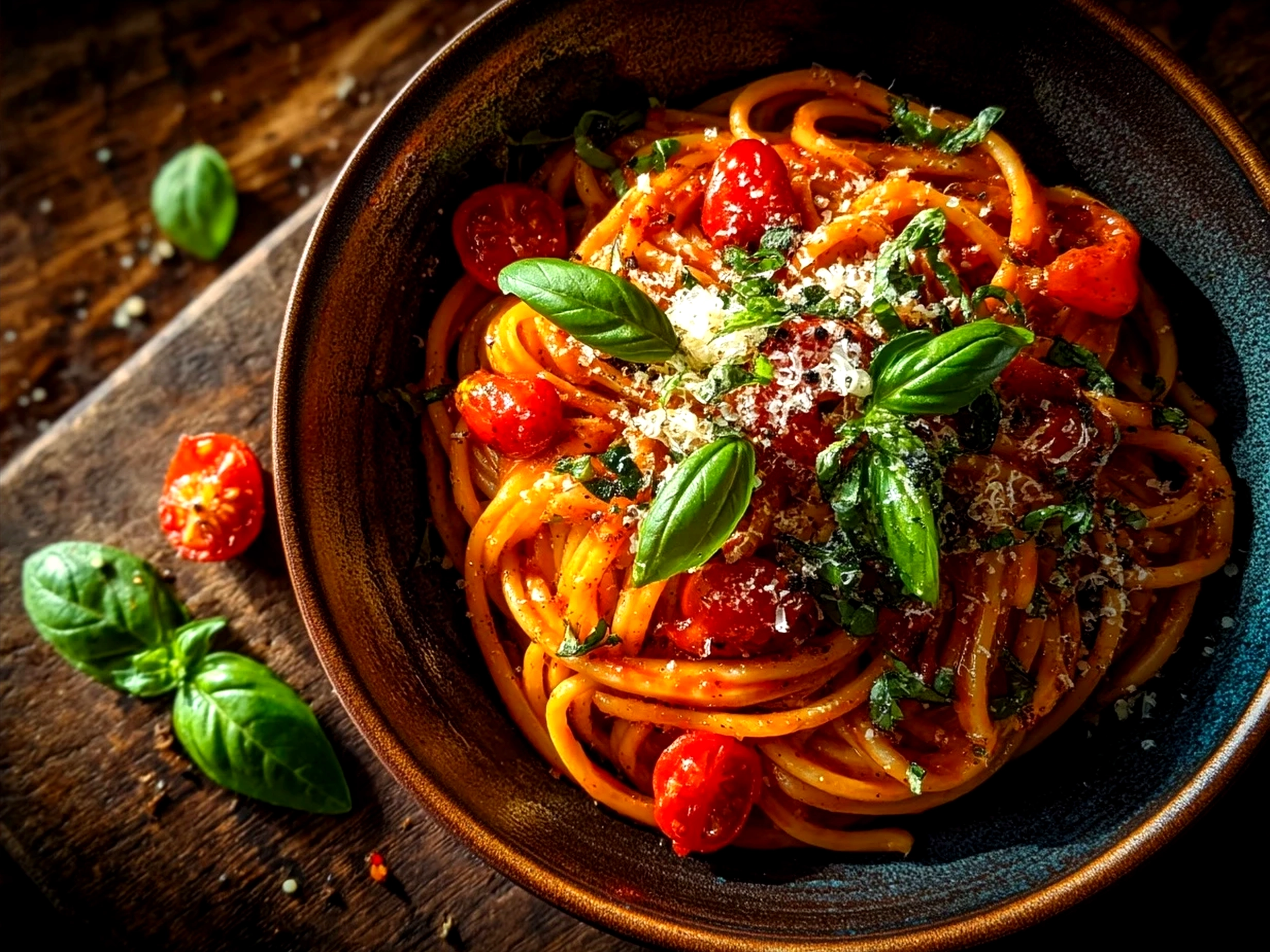Serving of finished Tomato Garlic Pasta garnished with fresh basil and parmesan