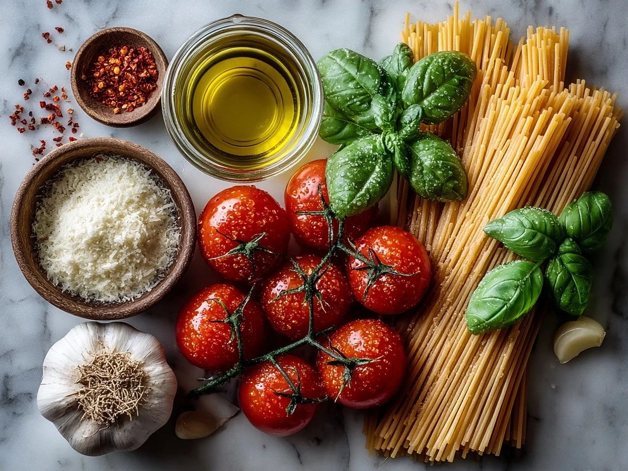 Ingredients for Tomato Garlic Pasta including tomatoes, garlic, olive oil, herbs, and pasta