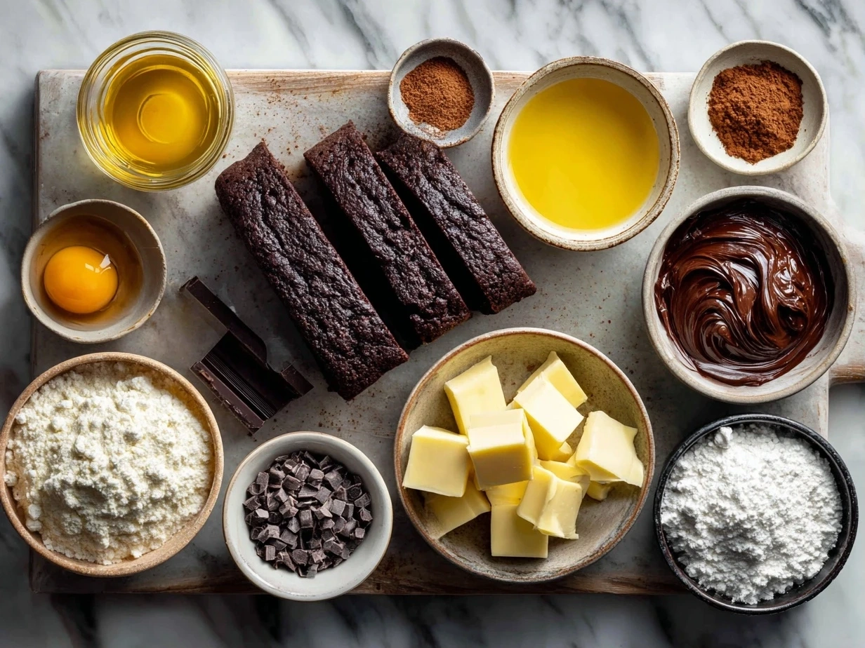 Ingredients laid out for Hidden Heart Chocolate Loaf Cake, including flour, cocoa, Greek yogurt, eggs, and honey