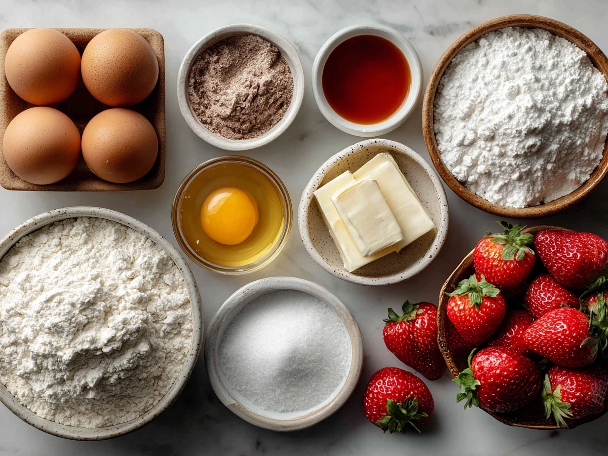 Top-down view of ingredients for Strawberry Cream Cake Roll