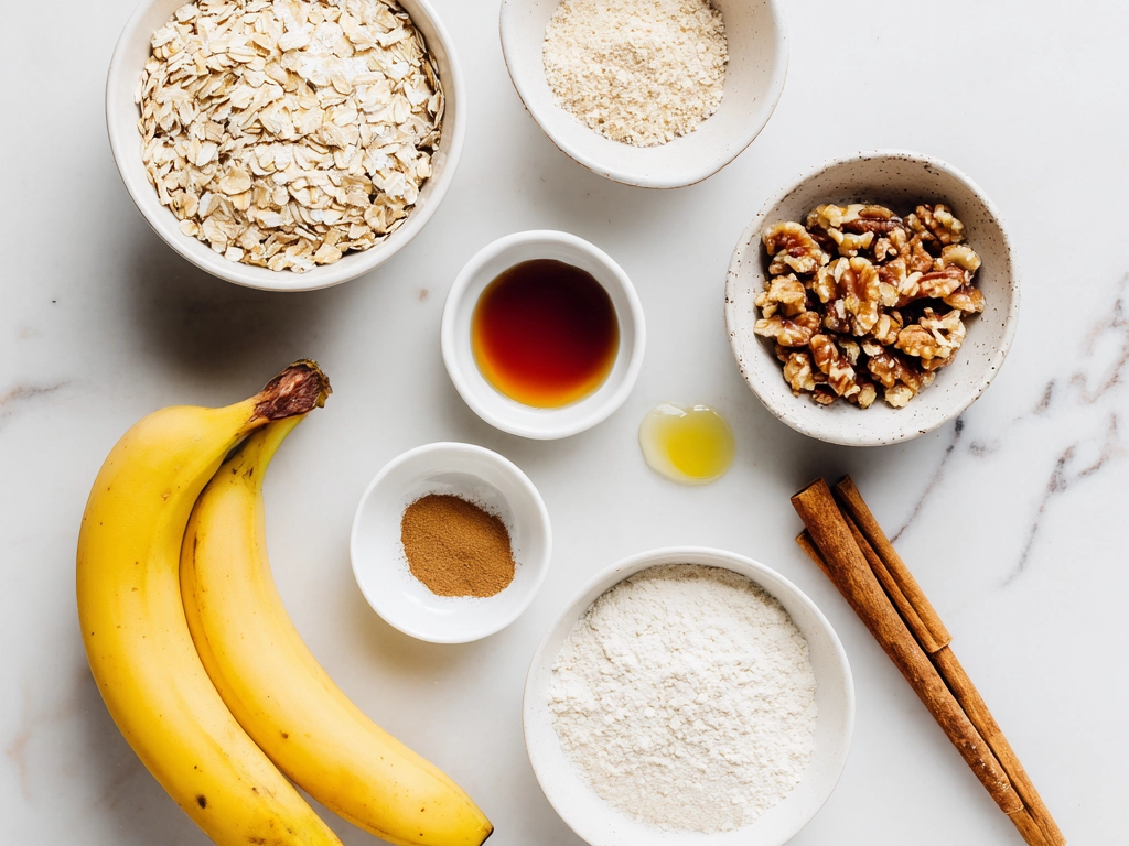 Top down raw ingredients for banana oatmeal bars on marble, modern kitchen organized mise en place.