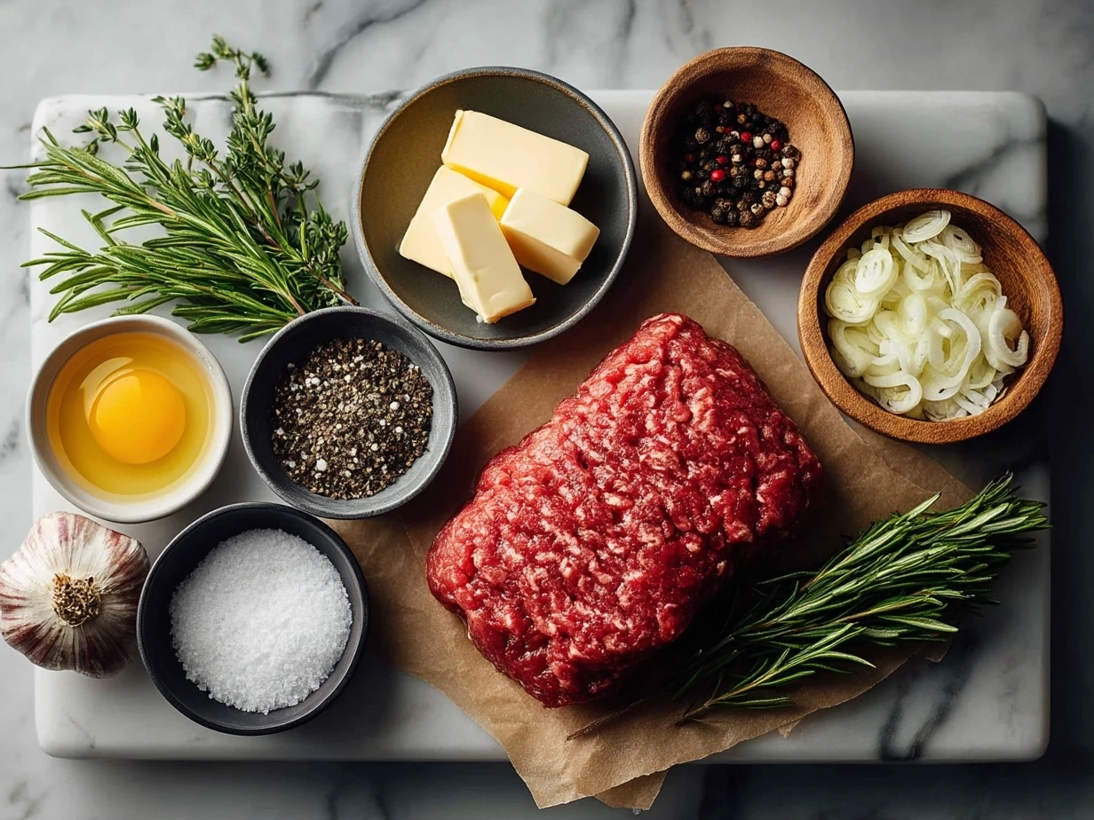 Top down view of raw ingredients for making beef burger including ground beef, onions, breadcrumbs, and spices
