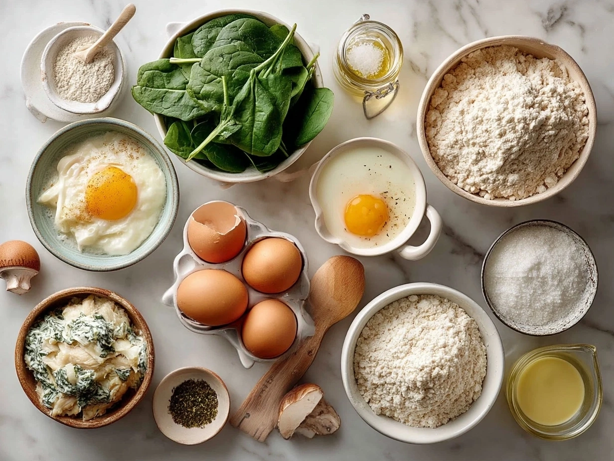 Top-down view of raw ingredients for chicken and spinach casserole including shredded chicken, chopped spinach, cheeses, and seasonings
