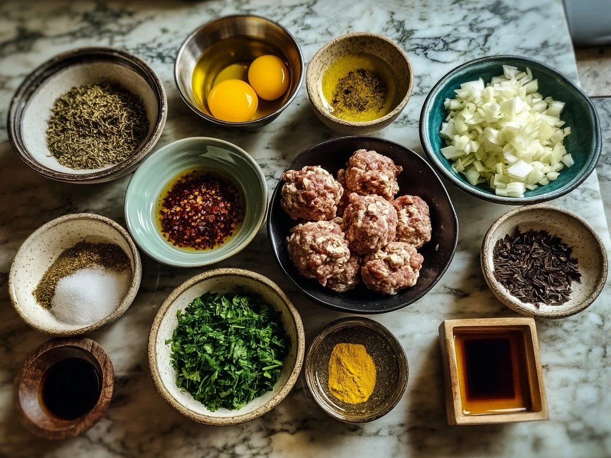 Raw ingredients for chicken kofta meatballs arranged on a marble surface including ground chicken, spices, onion, and fresh herbs