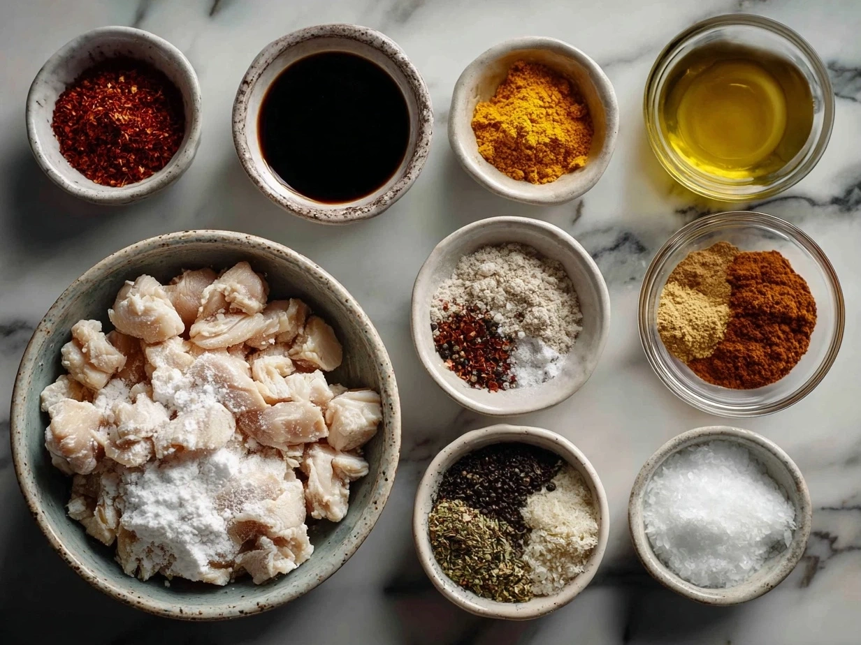 Top down view of raw ingredients for chicken shawarma on marble surface