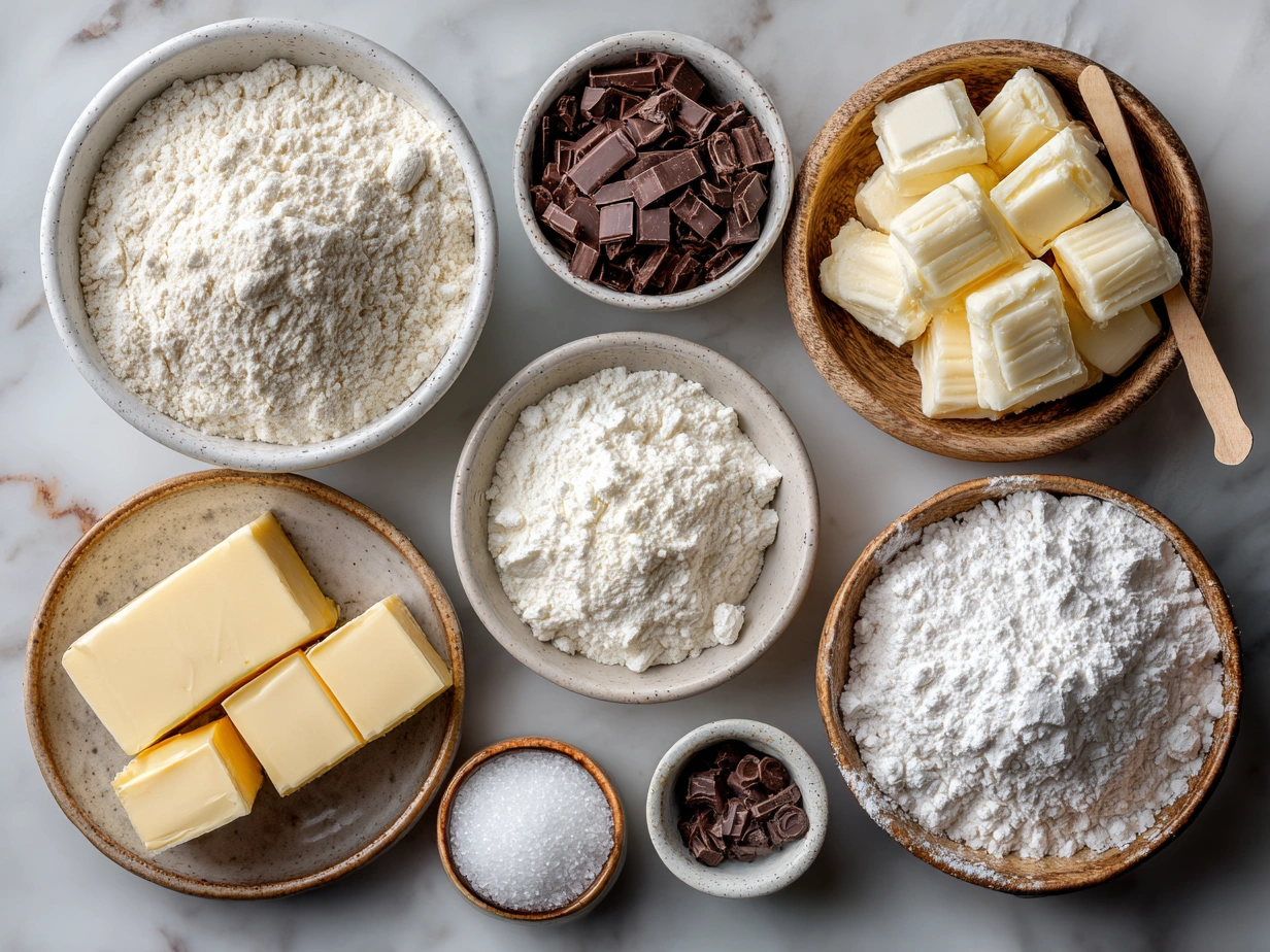 Top down view of raw ingredients for Copycat Little Debbie Valentine Cakes on a marble countertop