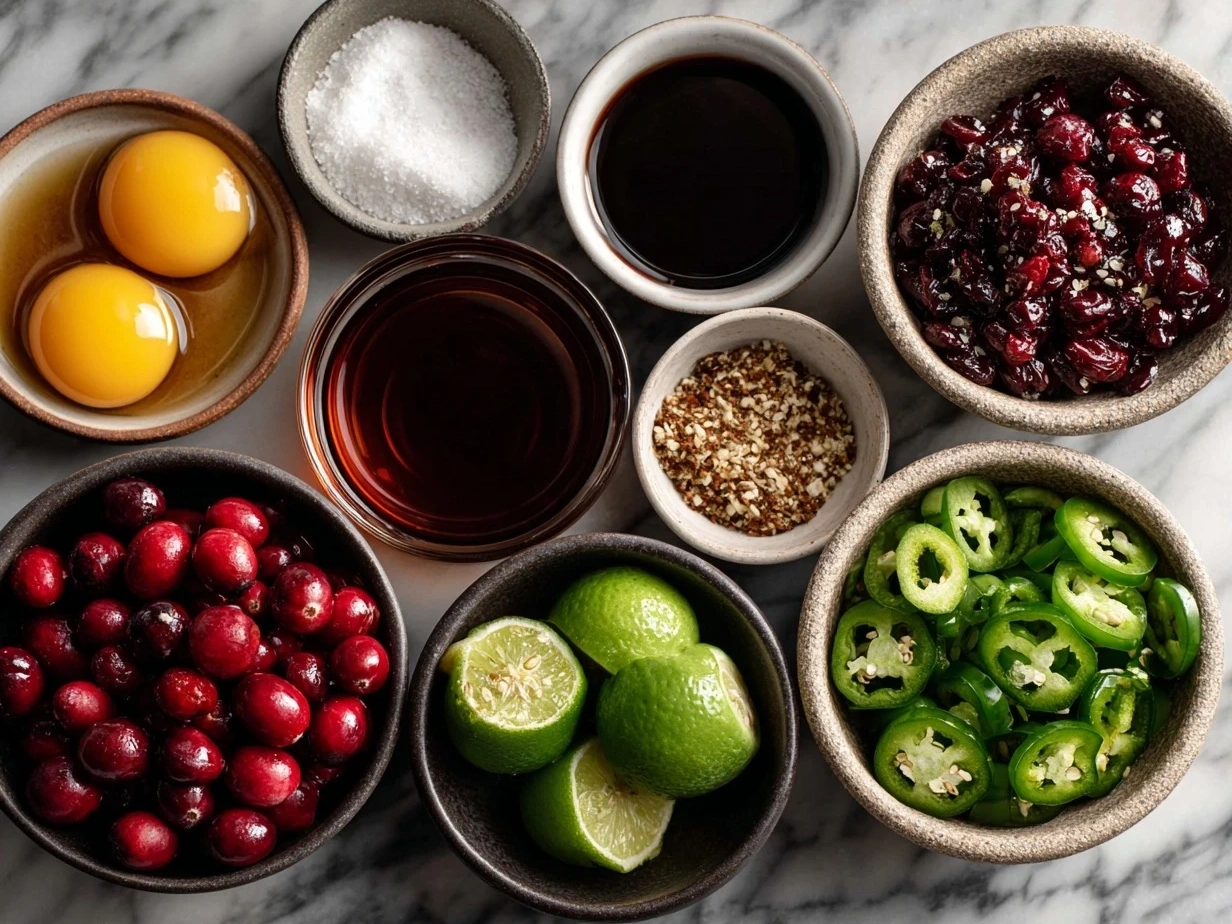Top-down view of raw ingredients for cranberry jalapeño dip on a marble surface