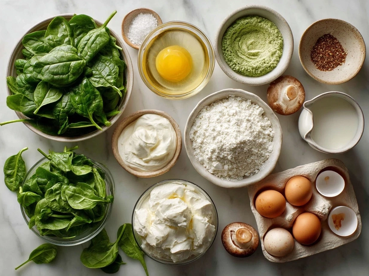 Top down view of raw ingredients for creamed spinach laid on marble countertop in organized mise en place style