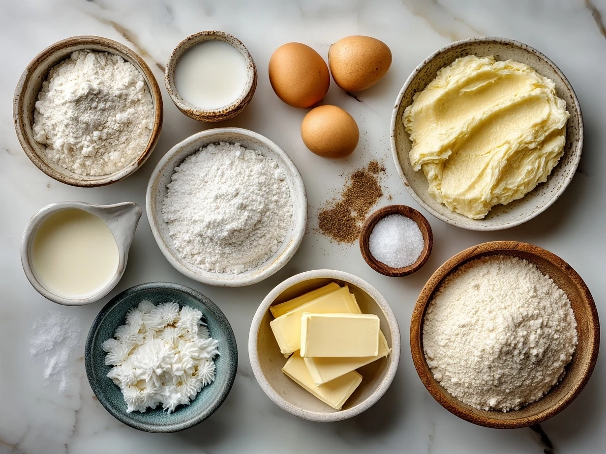 Top down view of raw ingredients for creamy scalloped potatoes on marble surface